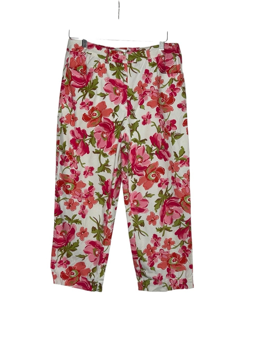 Talbots White Floral-Print Stretch Capri Pants EUC Sz 8 Resortwear Vacation